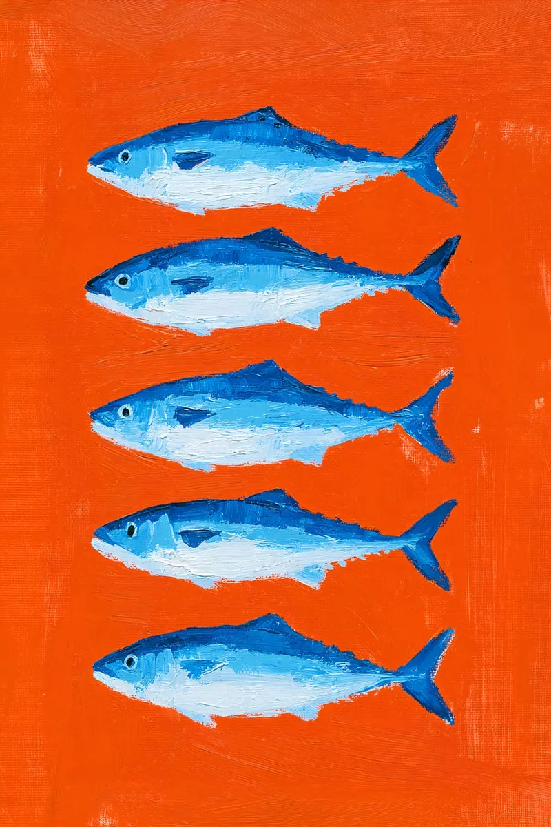 Fünf blaue Fische mit weißen Bäuchen sind horizontal auf einem leuchtend orangefarbenen Hintergrund angeordnet, im Ölmalerei-Stil.