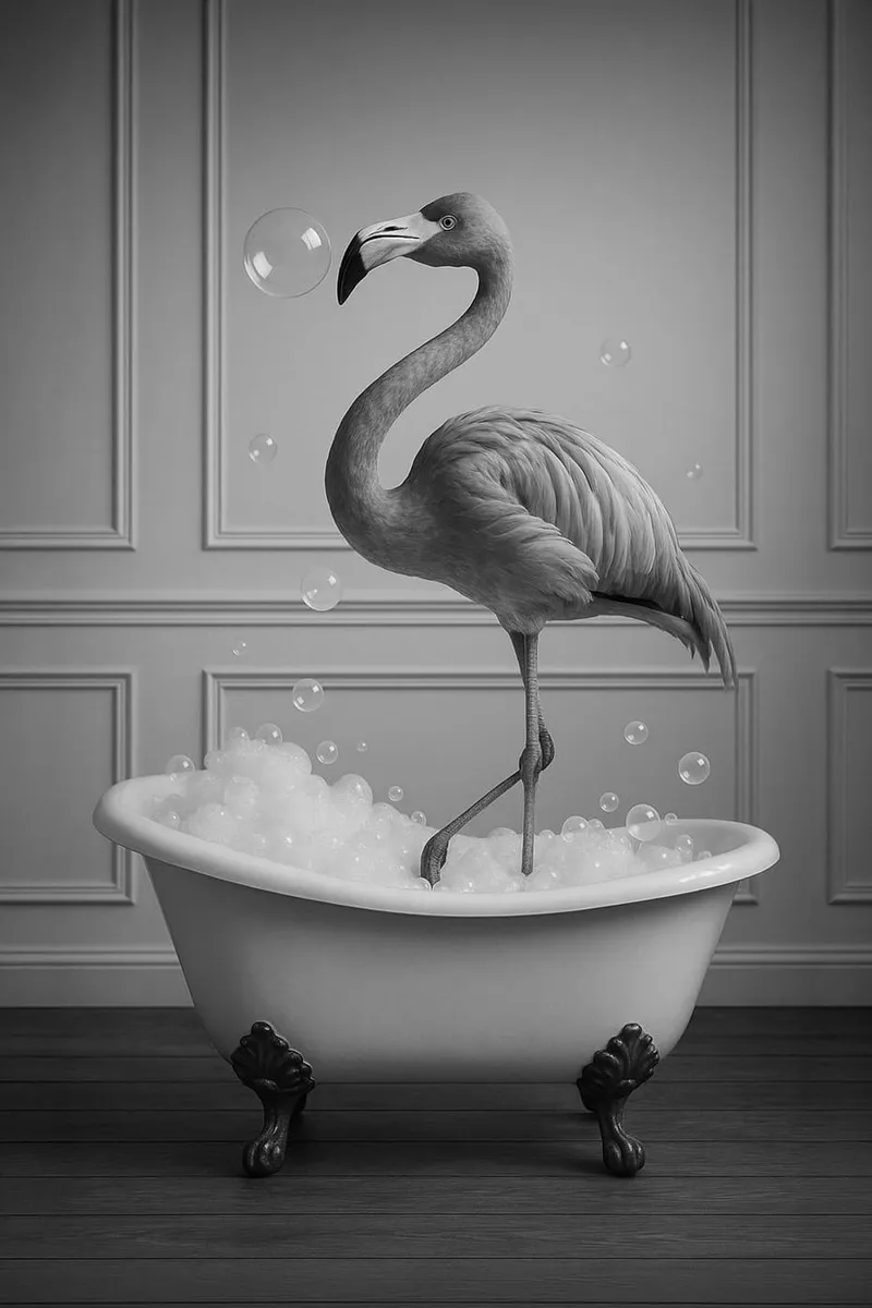Schwarz-weißes Poster eines Flamingos, der in einer Schaumbadewanne steht, mit Seifenblasen im Raum.