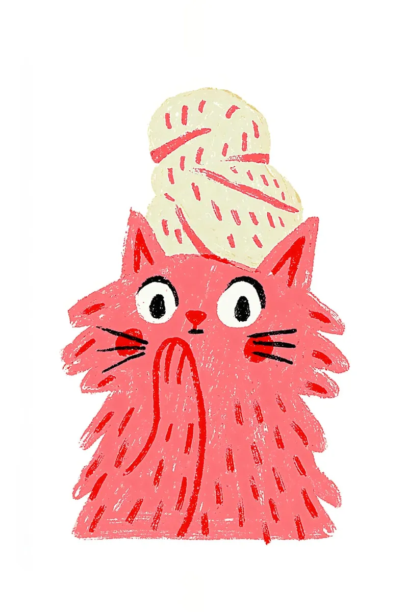 Eine flauschige, rosa Katze mit großen Augen und einer gelben Haube auf dem Kopf, im Kreide-Stil.