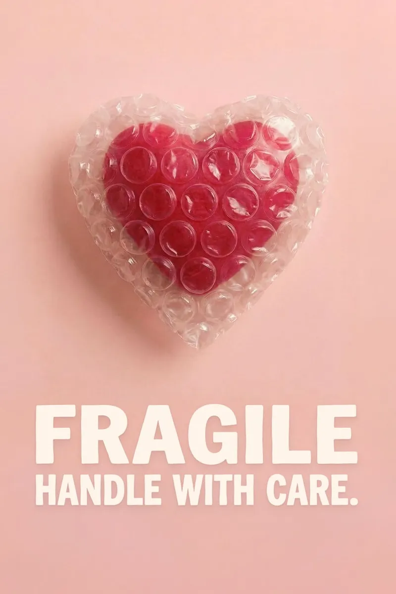 Ein rosafarbenes Herz, umhüllt von Luftpolsterfolie, auf einem hellrosa Hintergrund mit dem Text "FRAGILE HANDLE WITH CARE."