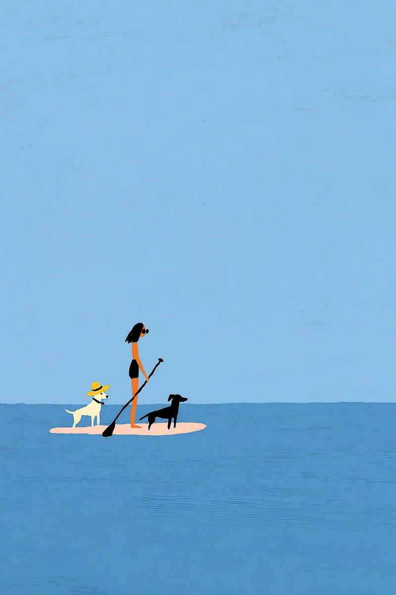 Eine Frau mit zwei Hunden auf einem Stand-Up-Paddle-Board im Meer, minimalistischer Stil mit sichtbarer Textur.