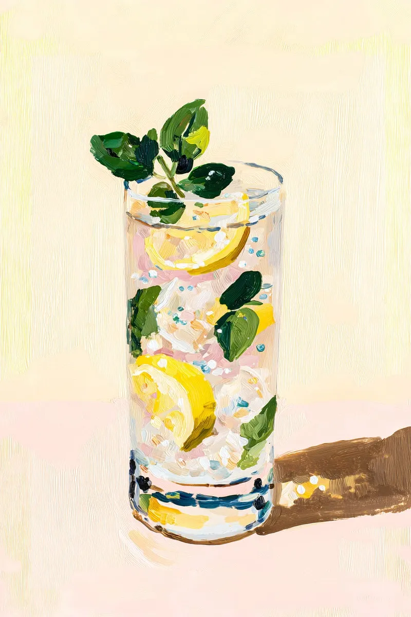 Ein Glas Minz-Limonade mit Zitronenscheiben und Eiswürfeln in einem strukturierten, ölmalerei-ähnlichen Stil auf hellem Hintergrund.