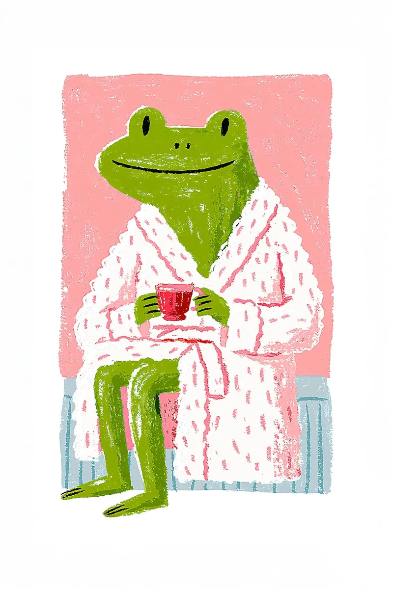 Ein grüner Frosch sitzt in einem rosa-weißen Bademantel und hält eine rote Tasse, im Kreide-Stil.