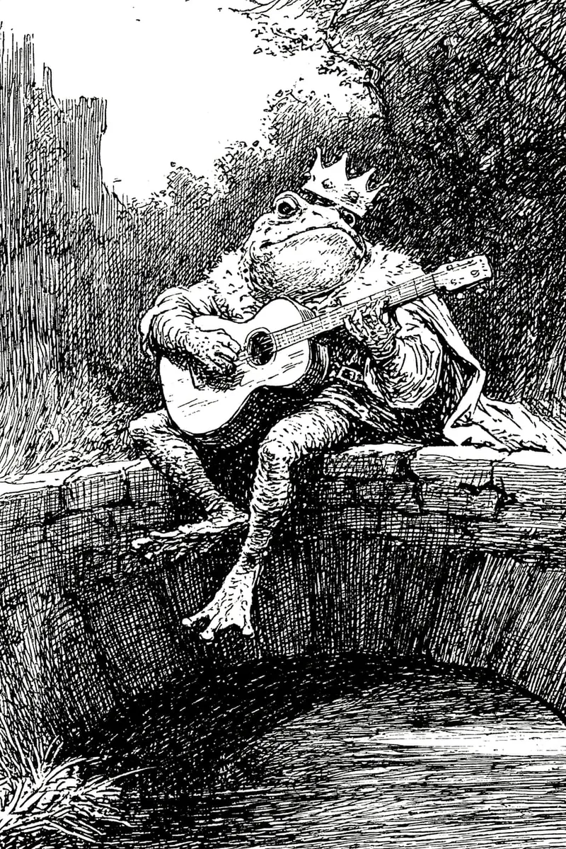 Ein Frosch mit Krone spielt Gitarre, im Stil einer Schwarz-Weiß-Illustration.