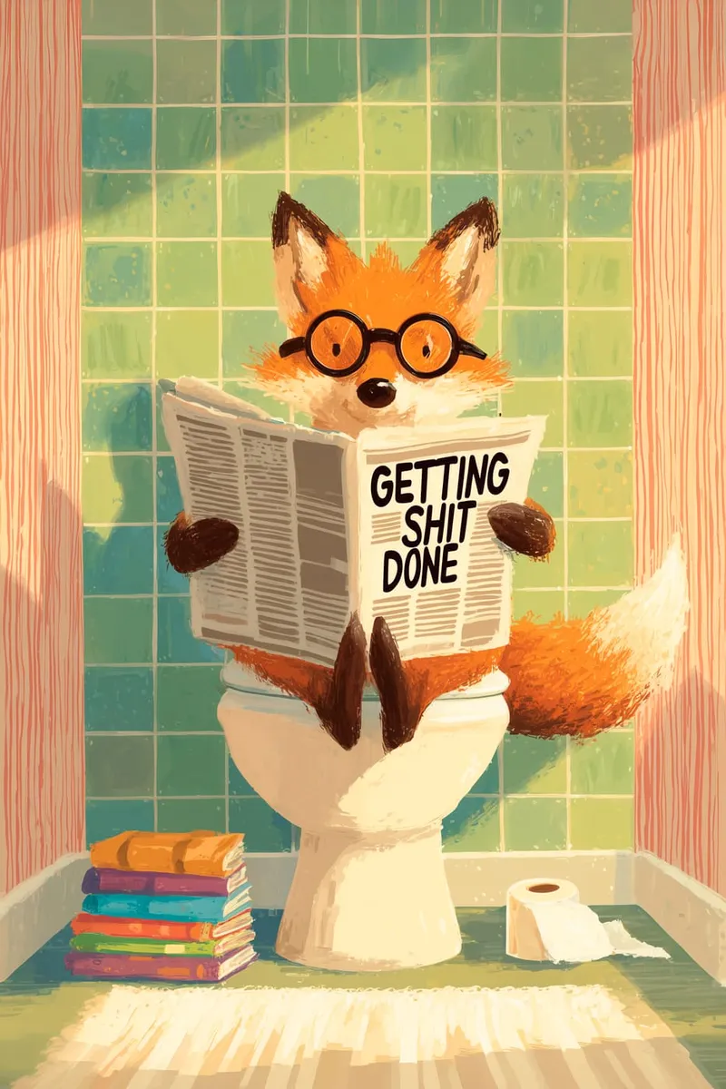 Illustration eines Fuchses mit Brille, der auf einer Toilette sitzt und eine Zeitung mit 'Getting Shit Done' liest.