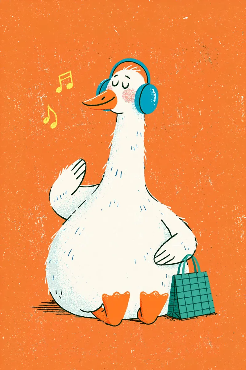 Eine weiße Gans mit blauen Kopfhörern hört Musik, daneben steht eine Einkaufstasche, orangefarbener Hintergrund, Comic-Stil