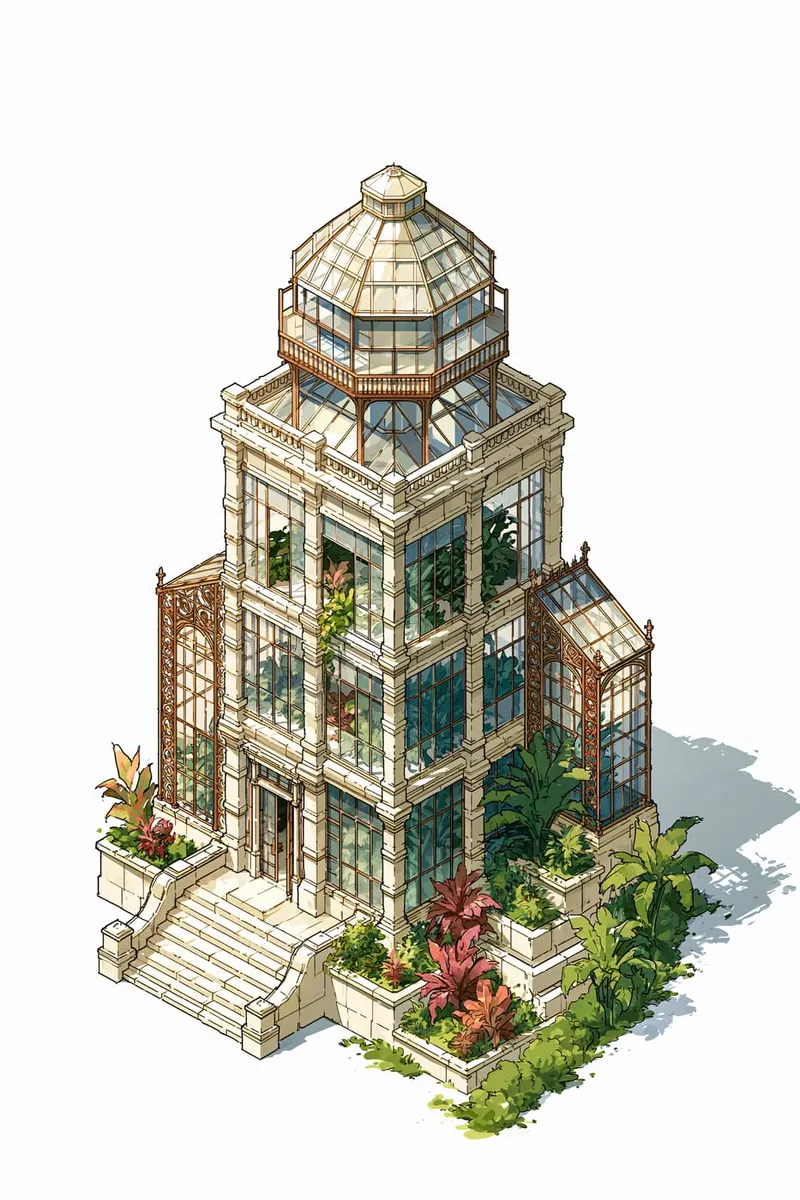 Isometrische Darstellung eines mehrstöckigen Gewächshauses im Art Nouveau Stil mit Kuppel und üppigen Pflanzen im Inneren und Außenbereich.