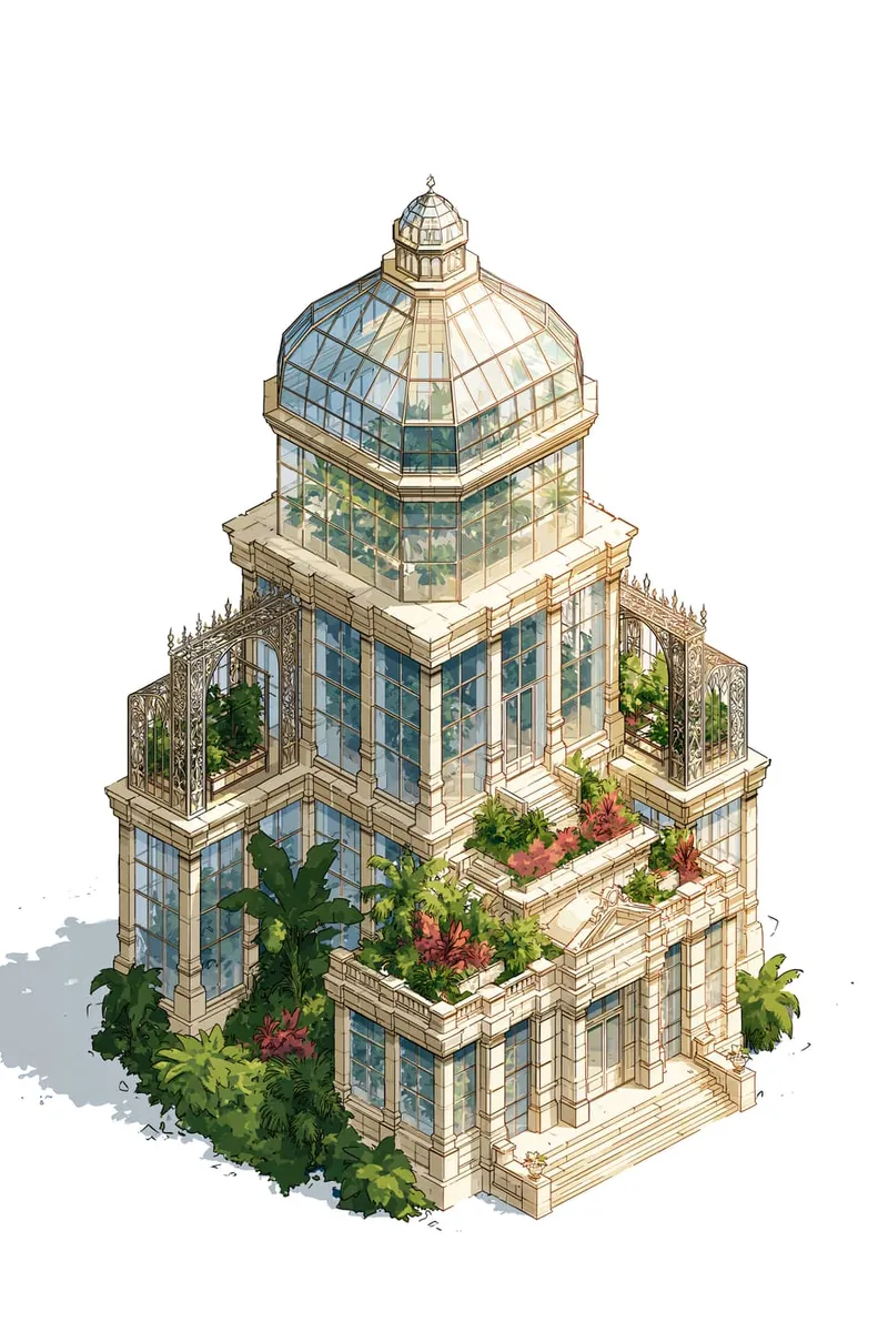 Ein detailliertes, mehrstöckiges Gewächshaus mit Glaskuppel und vielen Pflanzen im Inneren und auf den Terrassen, im architektonischen Illustrations-Stil.