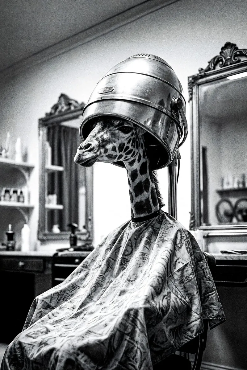 Schwarz-Weiß-Bild einer Giraffe mit Trockenhaube in einem Friseursalon, surreal und humorvoll.