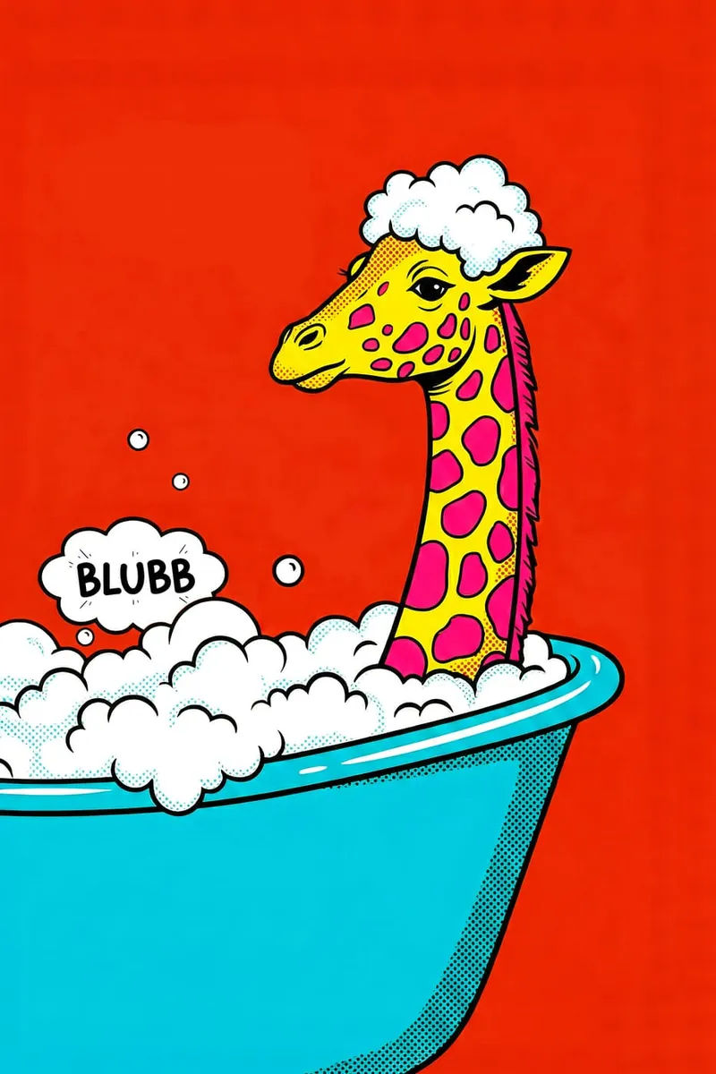 Buntes Pop Art Poster einer gelben Giraffe mit pinken Flecken, die in einer blauen Badewanne voller Schaum badet.
