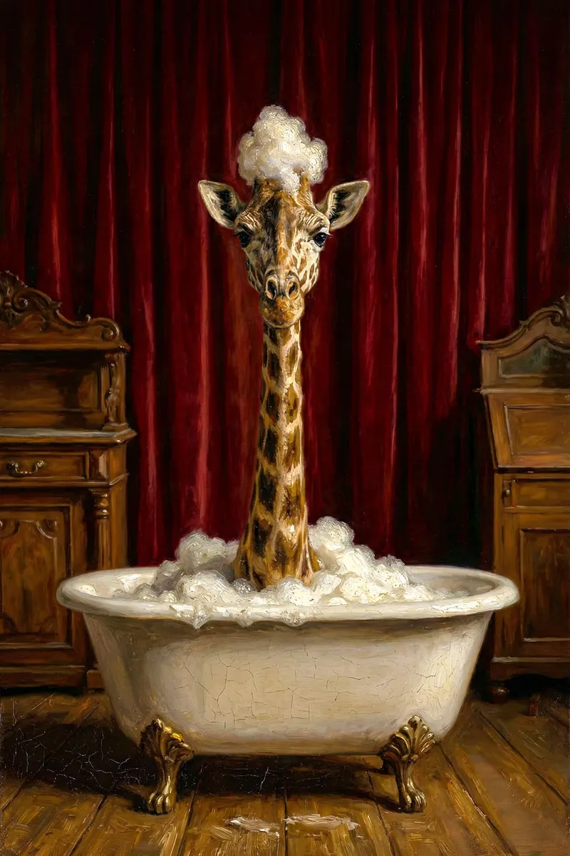 Ölgemälde einer Giraffe mit Schaumkrone in einer Badewanne, umgeben von roten Vorhängen und dunklen Holzmöbeln.