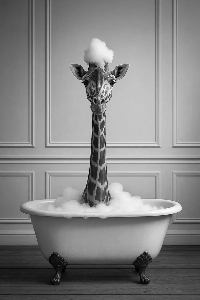 Schwarz-Weiß-Poster einer Giraffe in einer Badewanne mit viel Schaum auf dem Kopf und um den Hals.