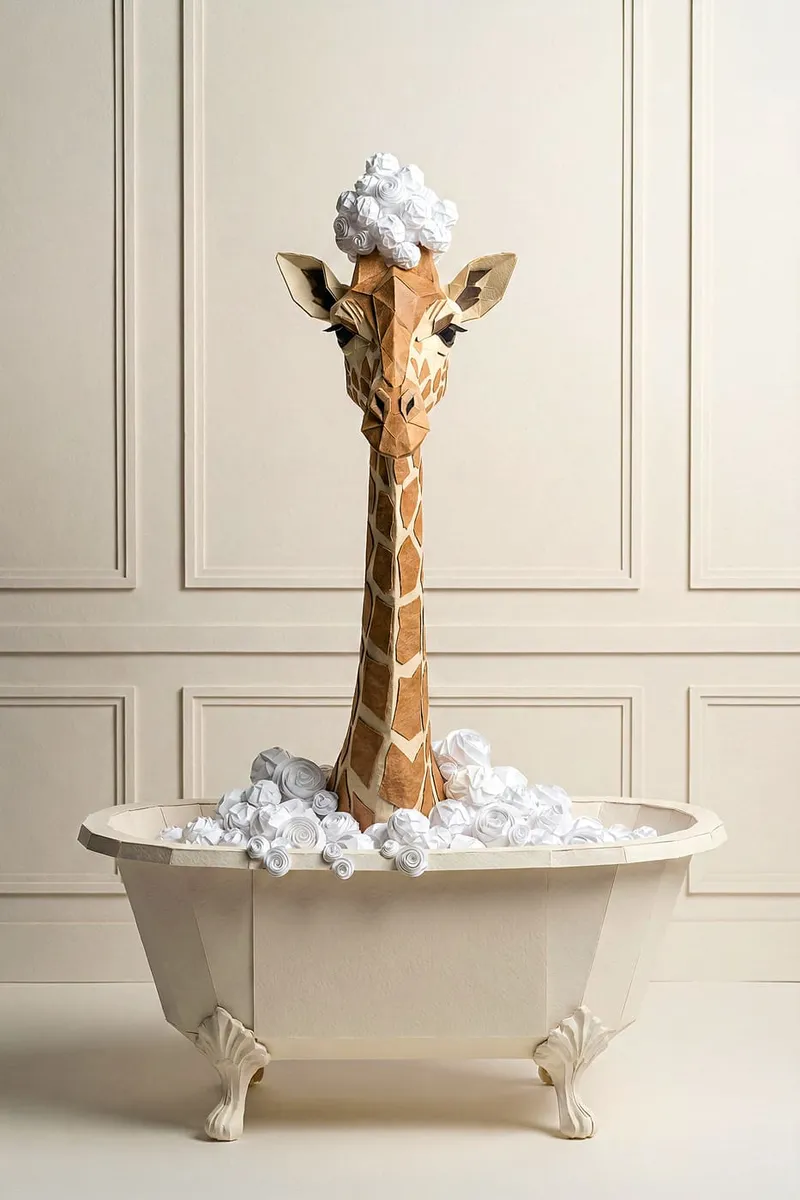 Giraffe im Origami-Stil nimmt ein Schaumbad in einer Badewanne, mit Schaum auf dem Kopf, vor einer beigen Wand.