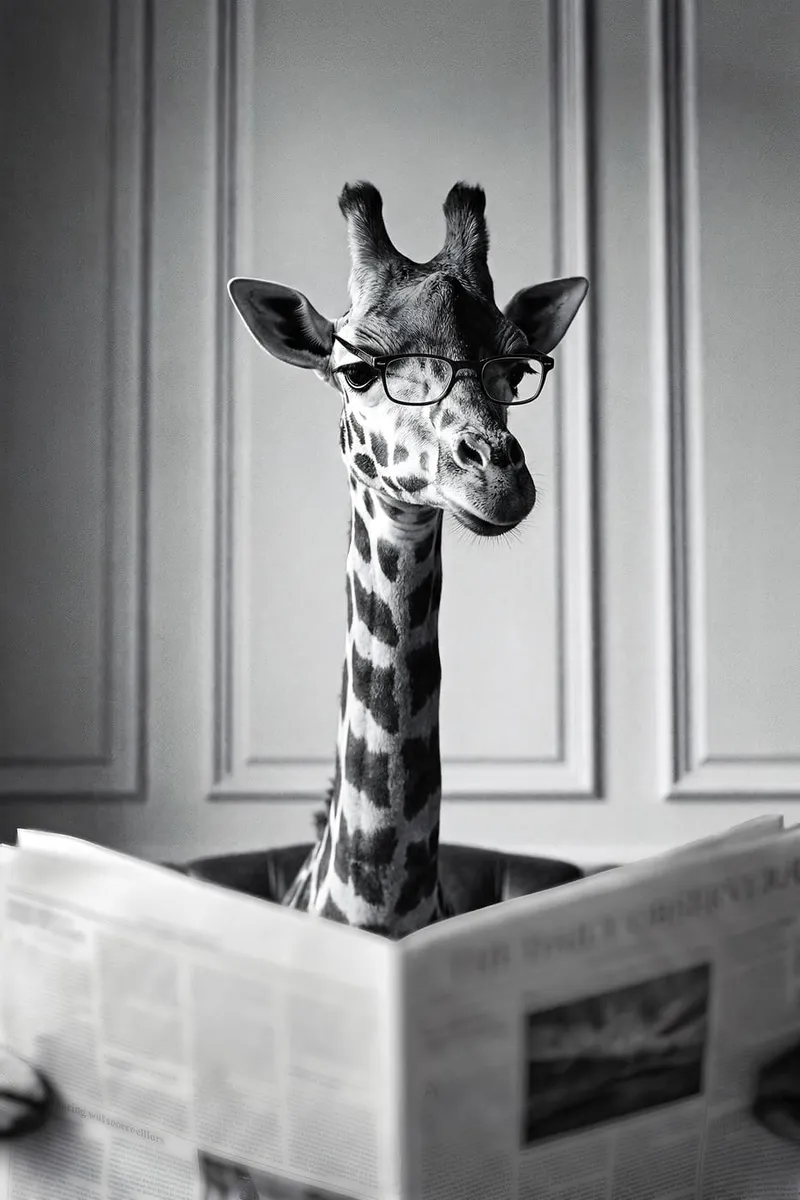 Schwarz-Weiß-Poster einer Giraffe mit Brille, die eine Zeitung liest, in einem eleganten Raum mit Wandpaneelen.