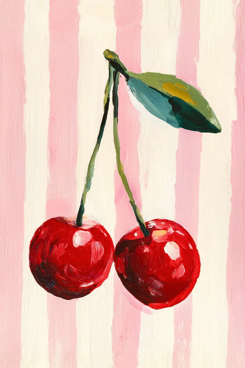 Zwei rote Kirschen mit Stiel und Blatt vor einem Hintergrund aus vertikalen rosa und cremefarbenen Streifen im Acryl-Stil.
