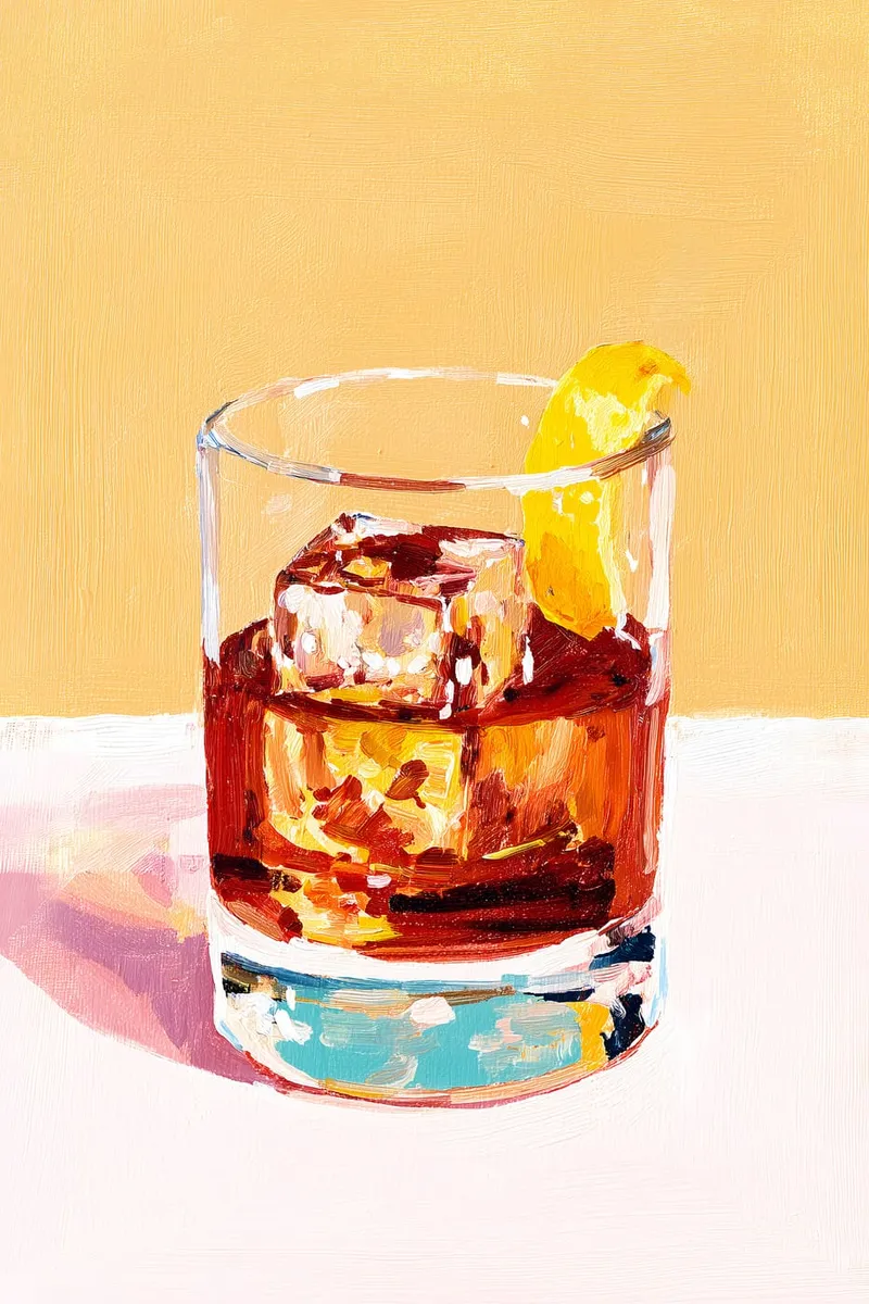 Stillleben eines Old Fashioned Cocktails mit Eiswürfeln und Zitronenscheibe in einem Glas, im Ölmalerei-Stil.