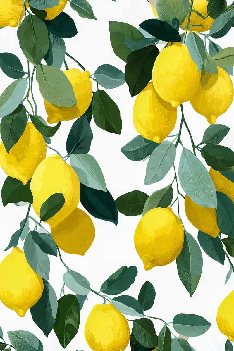 Illustration von gelben Zitronen an grünen Zweigen mit Blättern auf weißem Hintergrund, im Stil einer botanischen Zeichnung.