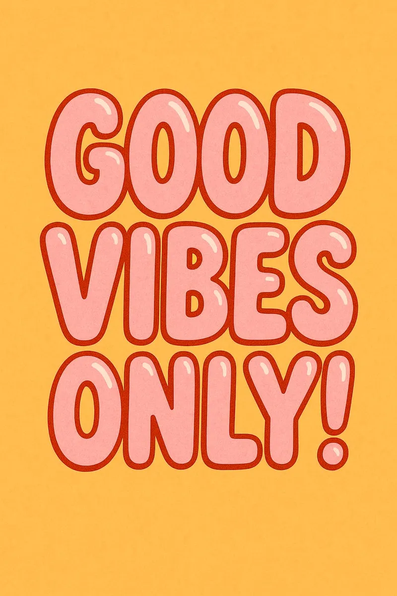 Poster mit dem englischen Spruch 'Good Vibes Only!' in pinken Bubble Letters auf gelbem, strukturiertem Hintergrund.