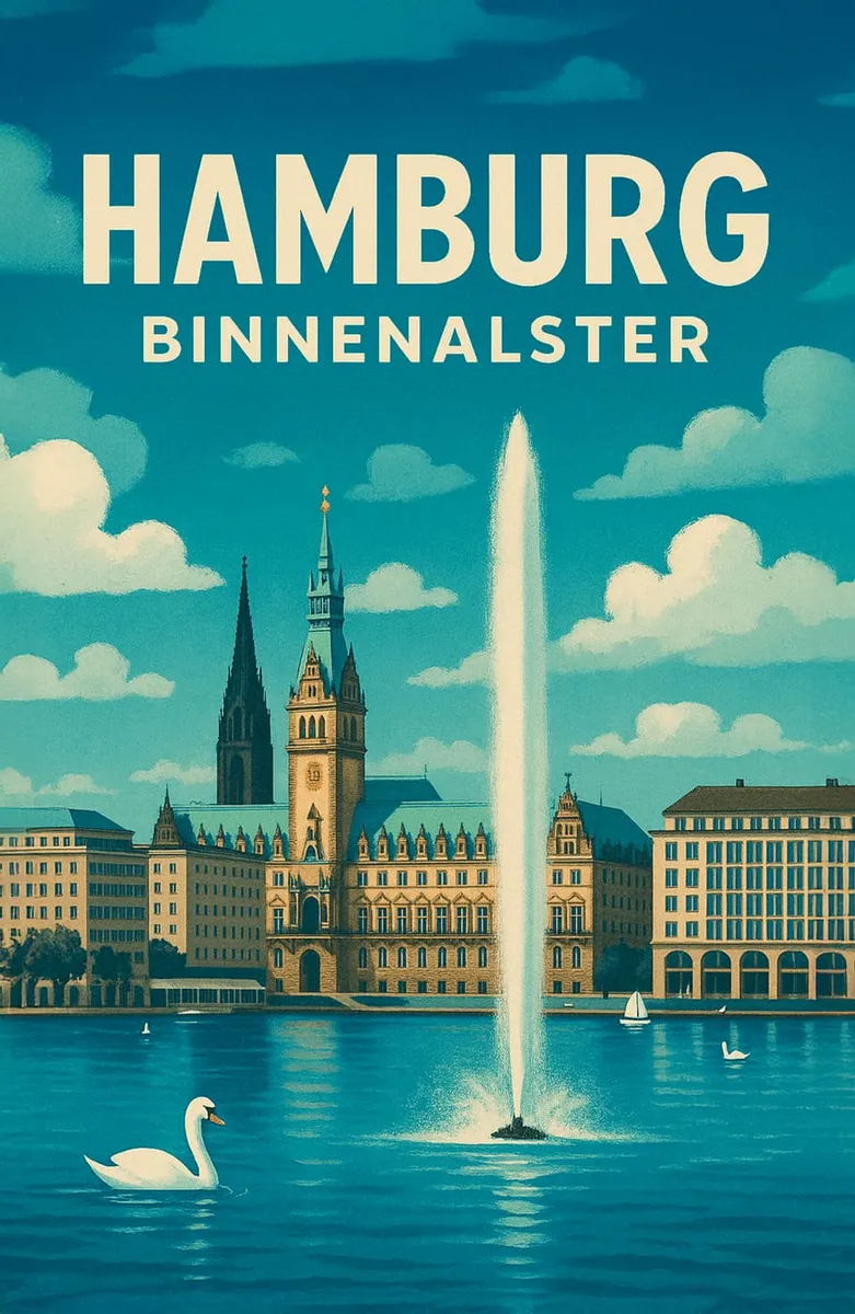 Illustration der Hamburger Binnenalster mit Rathaus, Alsterfontäne und Schwan im Vintage-Reiseplakat-Stil.