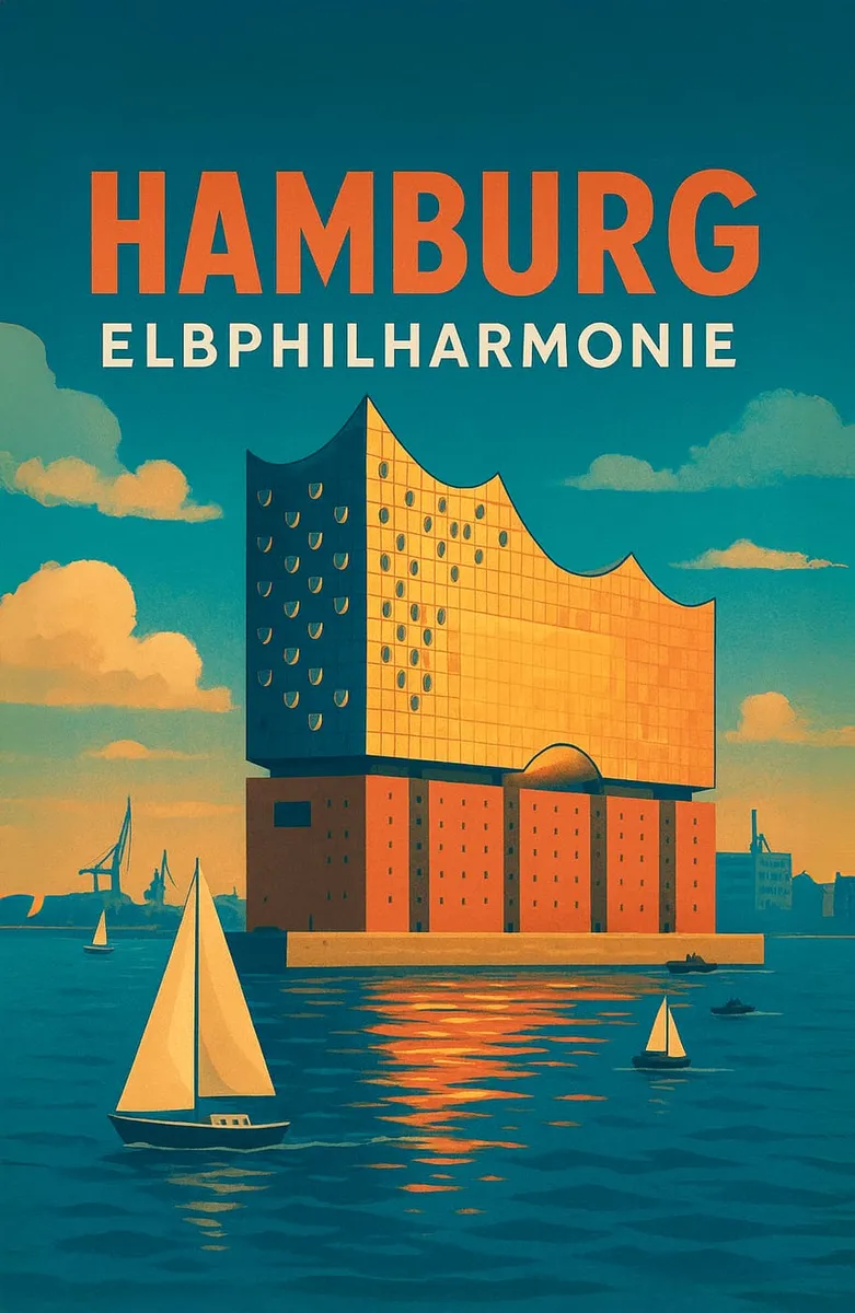 Vintage Poster der Elbphilharmonie Hamburg bei Sonnenuntergang mit Segelbooten auf der Elbe im Stil eines Reiseplakats.