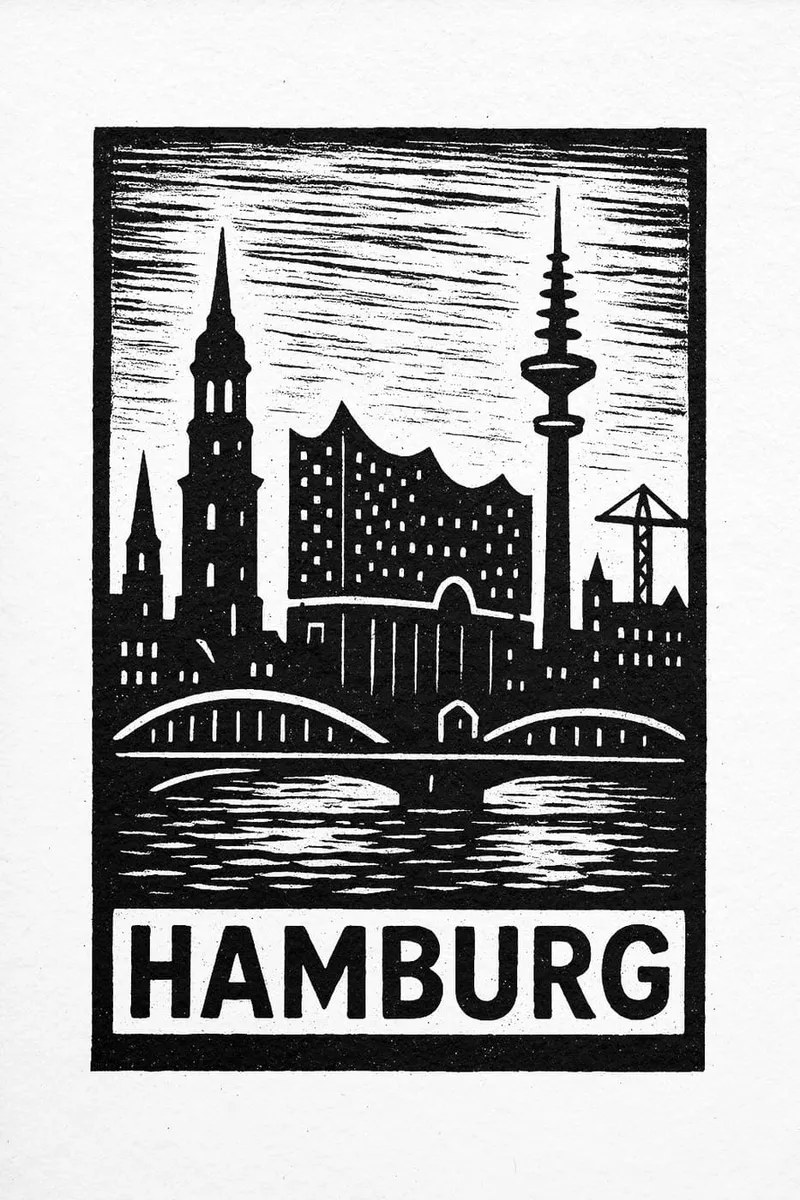 Schwarz-weißes Poster der Hamburger Skyline im Linolschnitt-Stil mit Elbphilharmonie, Michel, Fernsehturm und Brücken.