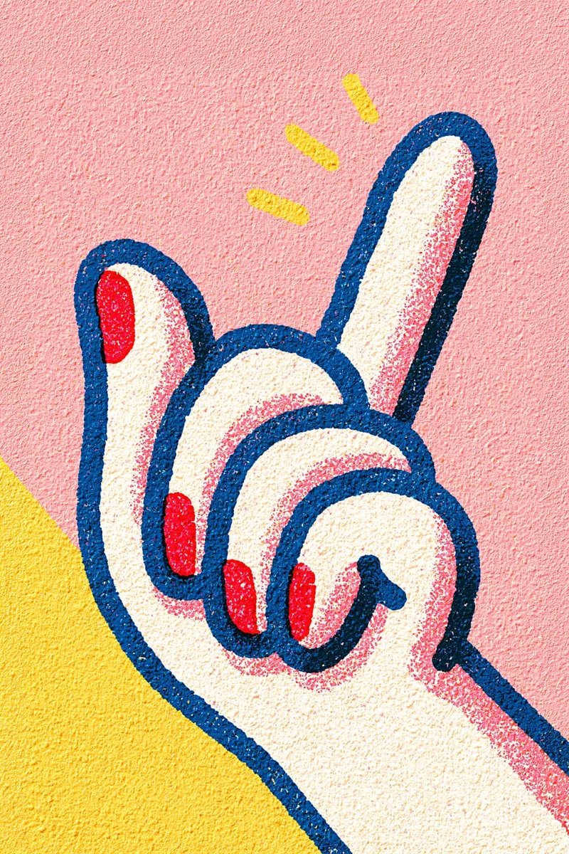 Grafische Darstellung einer Hand mit erhobenem Zeigefinger im Pop-Art-Stil mit körniger Textur auf rosa-gelbem Grund.