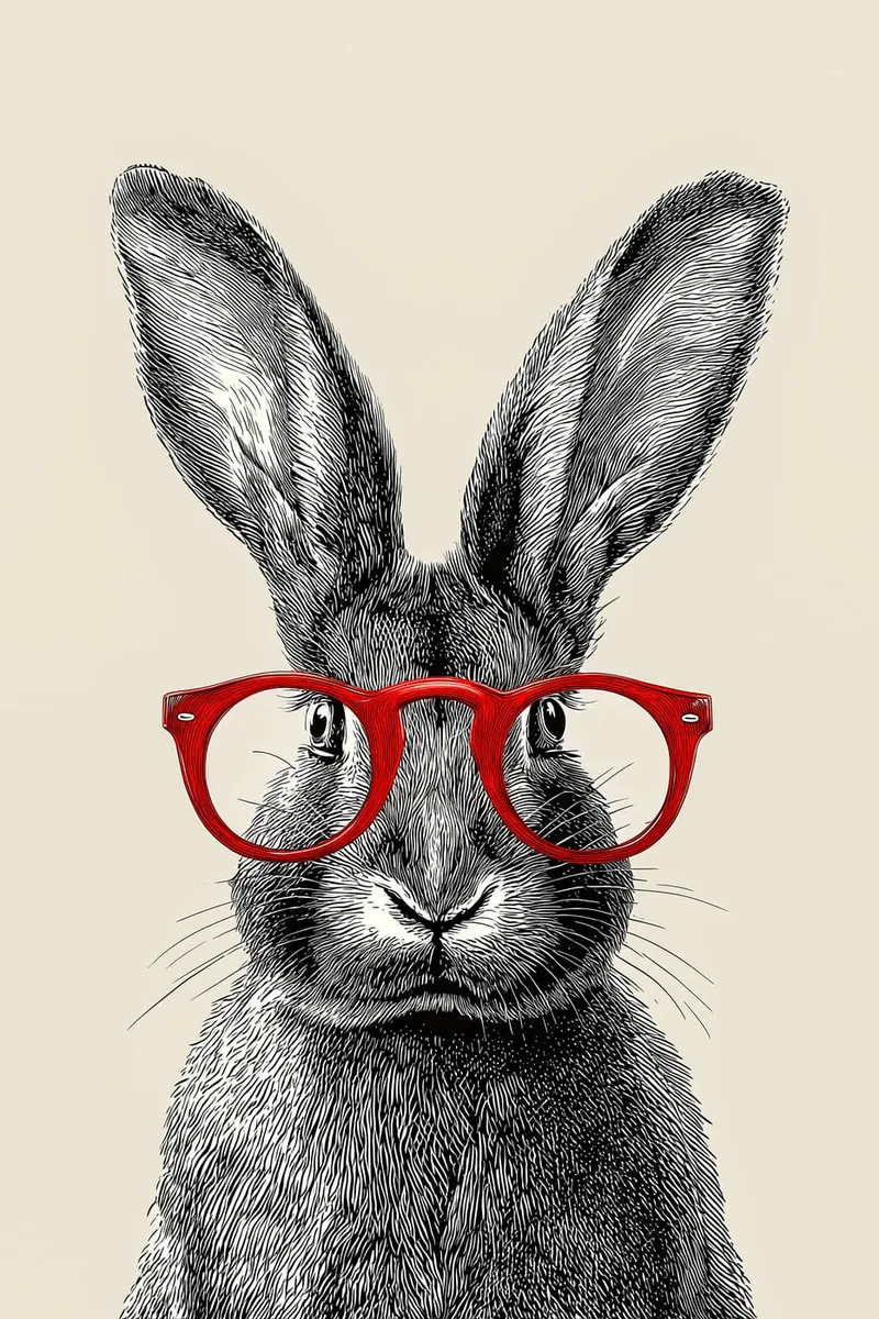 Schwarz-weißes Hasenportrait mit großen Ohren und roter Brille, im detailreichen Stich-Stil auf hellem Hintergrund.