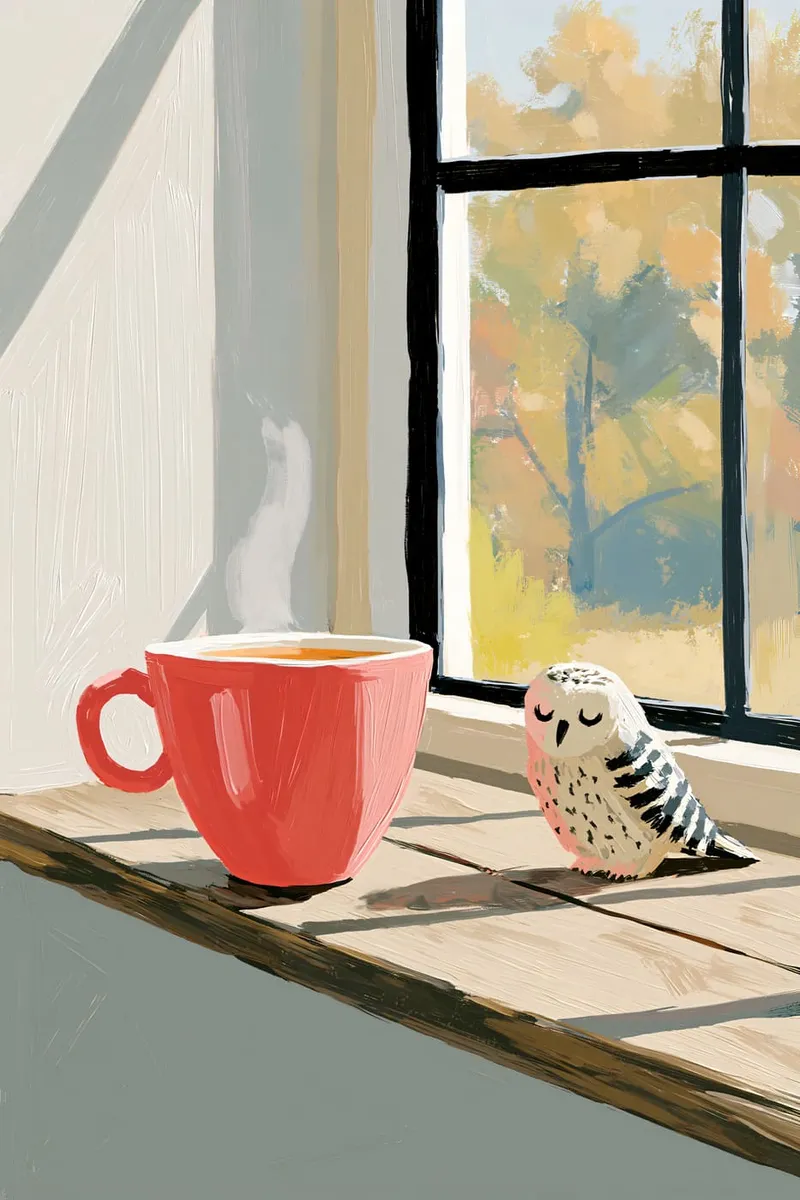 Eine rote Tasse und eine kleine Eulenfigur auf einem Fensterbrett mit Blick auf eine herbstliche Landschaft im Malerei-Stil.