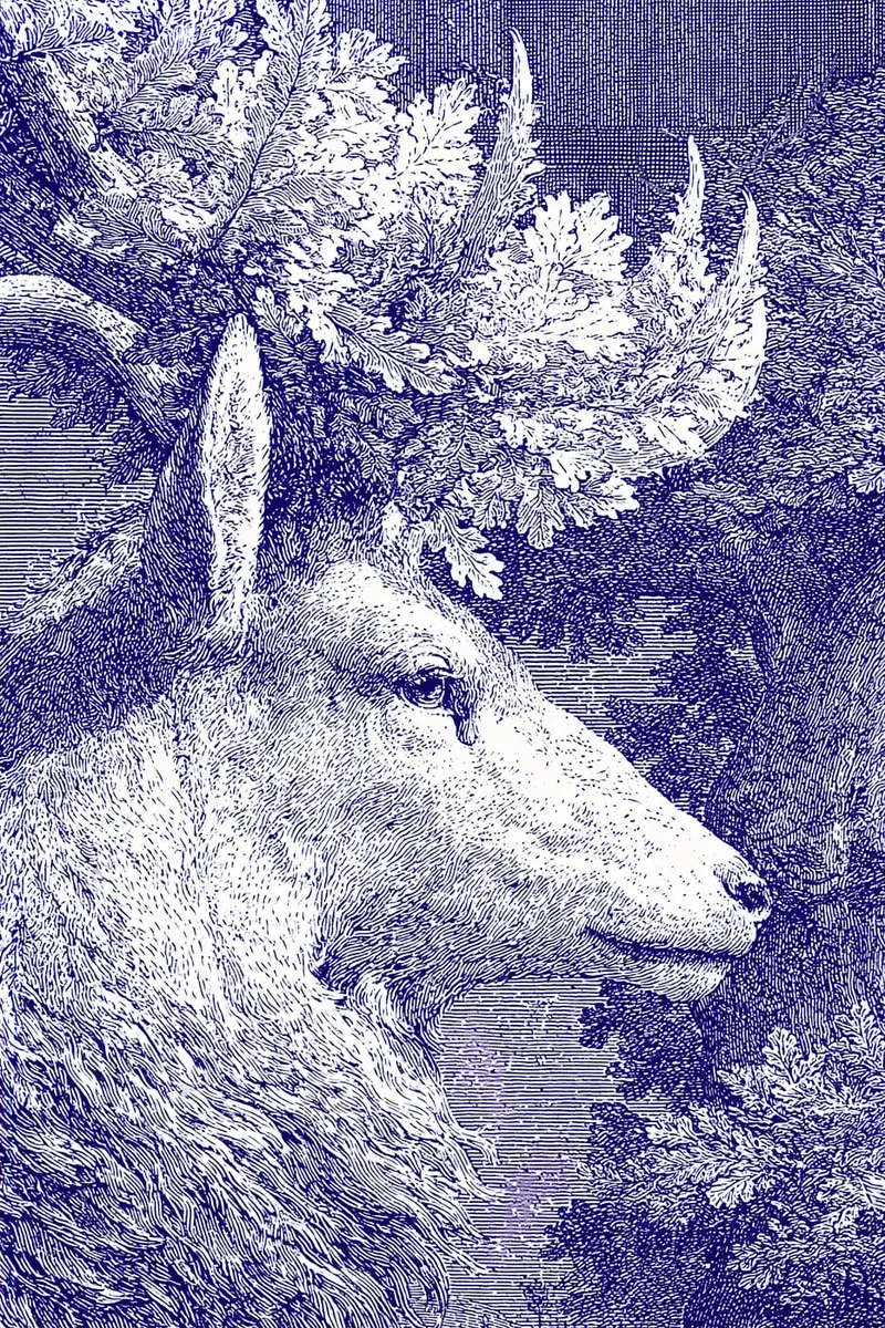 Ein Hirschkopf im Profil mit einem Geweih aus Blättern, im Stil eines historischen Kupferstichs, in Dunkelblau und Weiß.