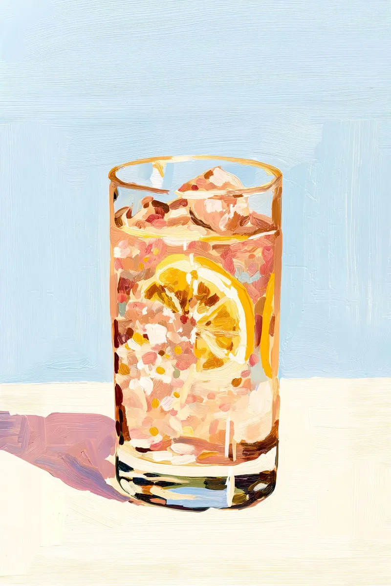 Ein Glas Pink Lemonade mit Eis und Zitronenscheibe im Stil einer Spachtelmalerei auf hellblauem und beigem Hintergrund.