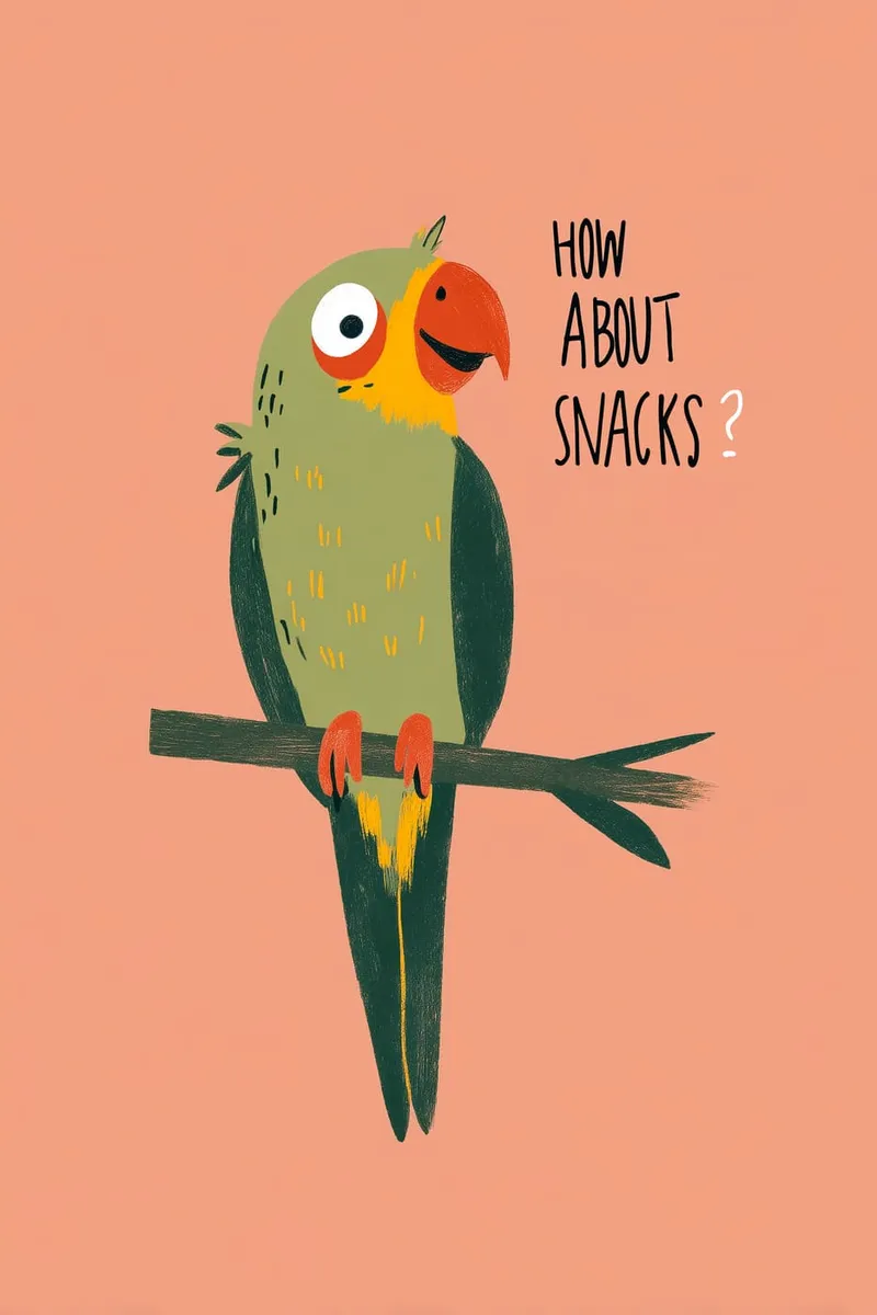 Illustration eines grünen Papageis mit rotem Schnabel auf Ast, fragend 'How about Snacks?' auf pfirsichfarbenem Hintergrund.