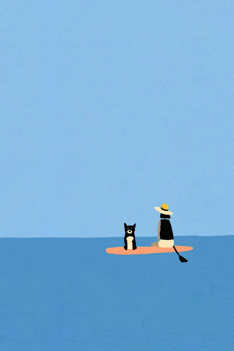 Eine Frau mit Sonnenhut und ein kleiner Hund sitzen auf einem Stand-Up-Paddle-Board auf dem Meer, minimalistischer Stil.
