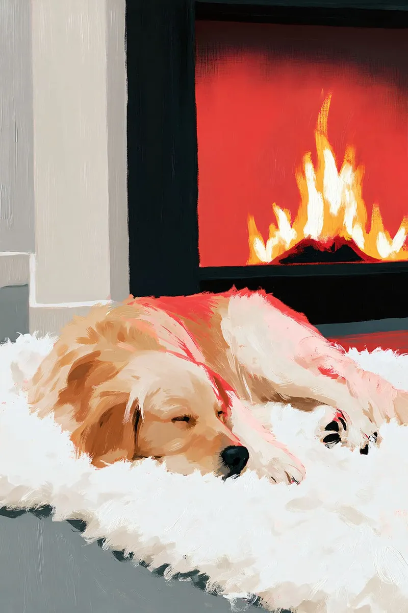 Ein goldener Hund schläft auf einem weißen Fellteppich vor einem brennenden Kamin, im malerischen Stil.