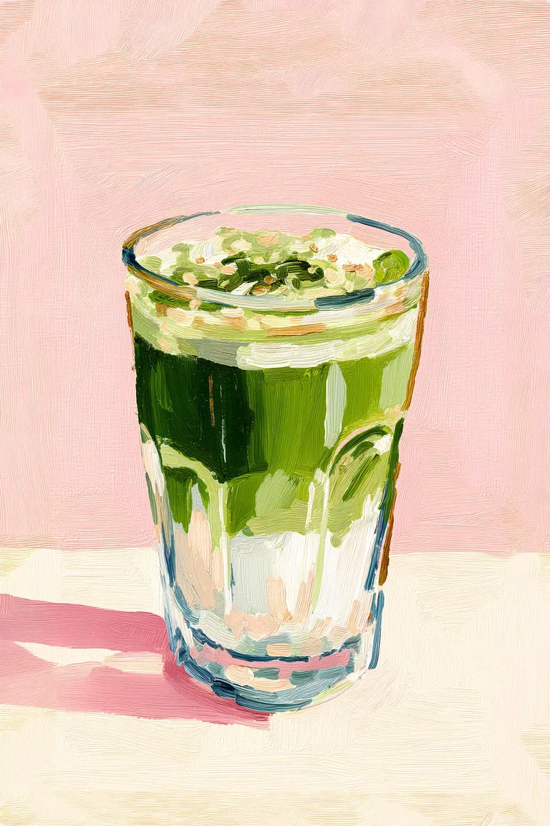 Iced Matcha Latte in einem Glas, dargestellt im Stil der Ölmalerei mit sichtbaren Pinselstrichen auf rosa Hintergrund.