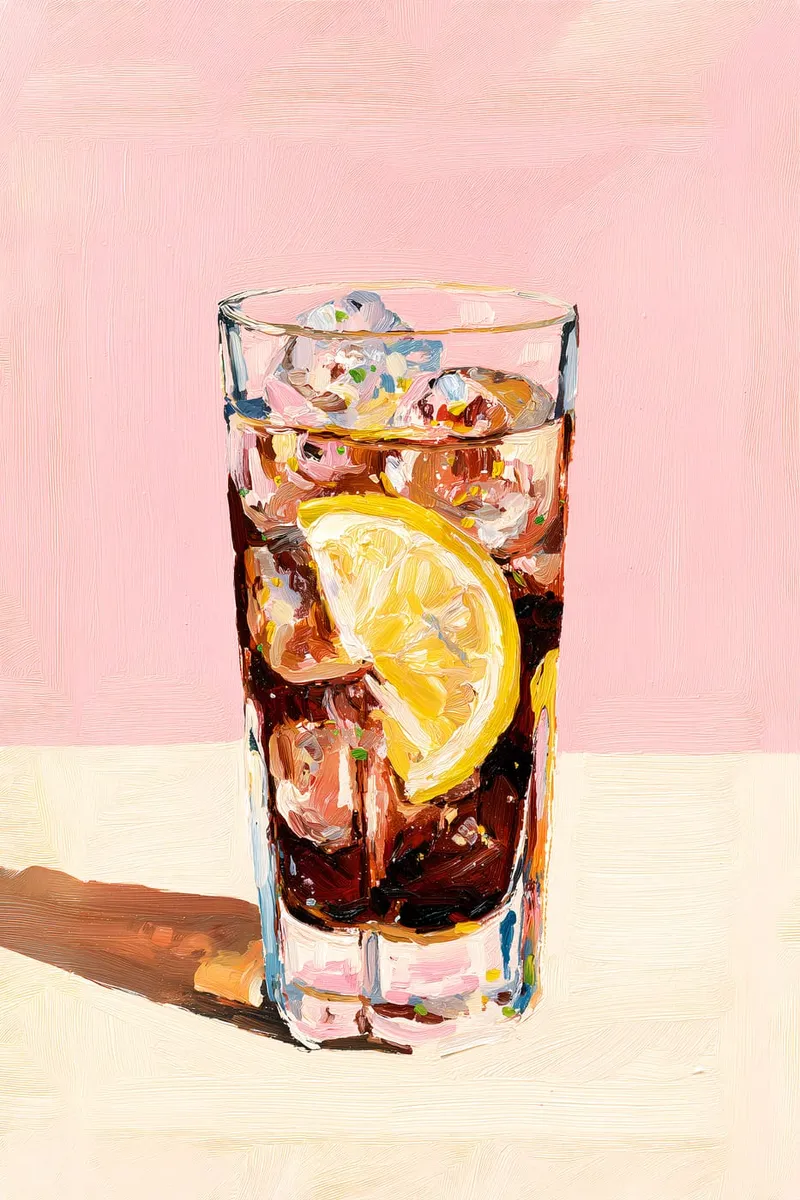 Ein Glas Eistee mit Zitronenscheibe und Eiswürfeln im Stil einer Ölmalerei mit sichtbaren Pinselstrichen, vor rosa Hintergrund.