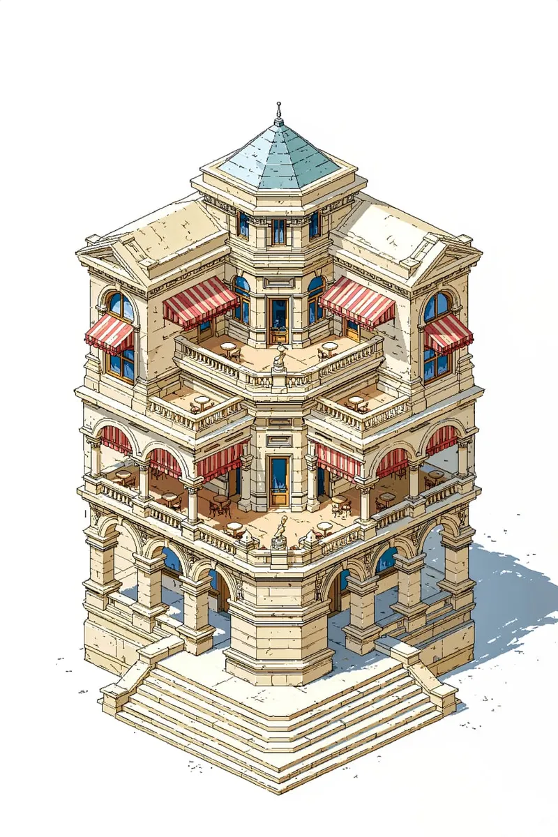 Isometrische Darstellung eines mehrstöckigen Stadtpalais im Comic-Stil mit Balkonen, roten Markisen und Außentischen.