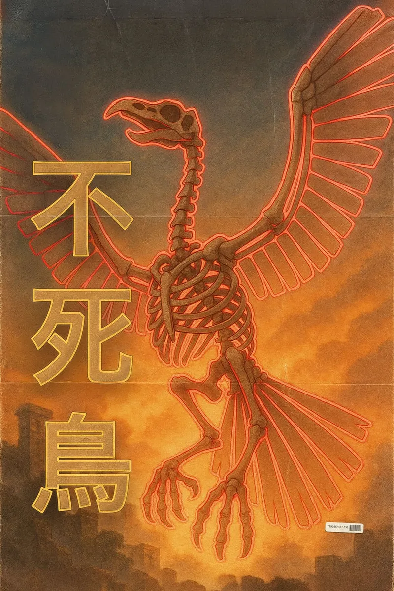 Skelett eines Phönix mit rot glühenden Konturen und japanischen Schriftzeichen auf feurigem Hintergrund.