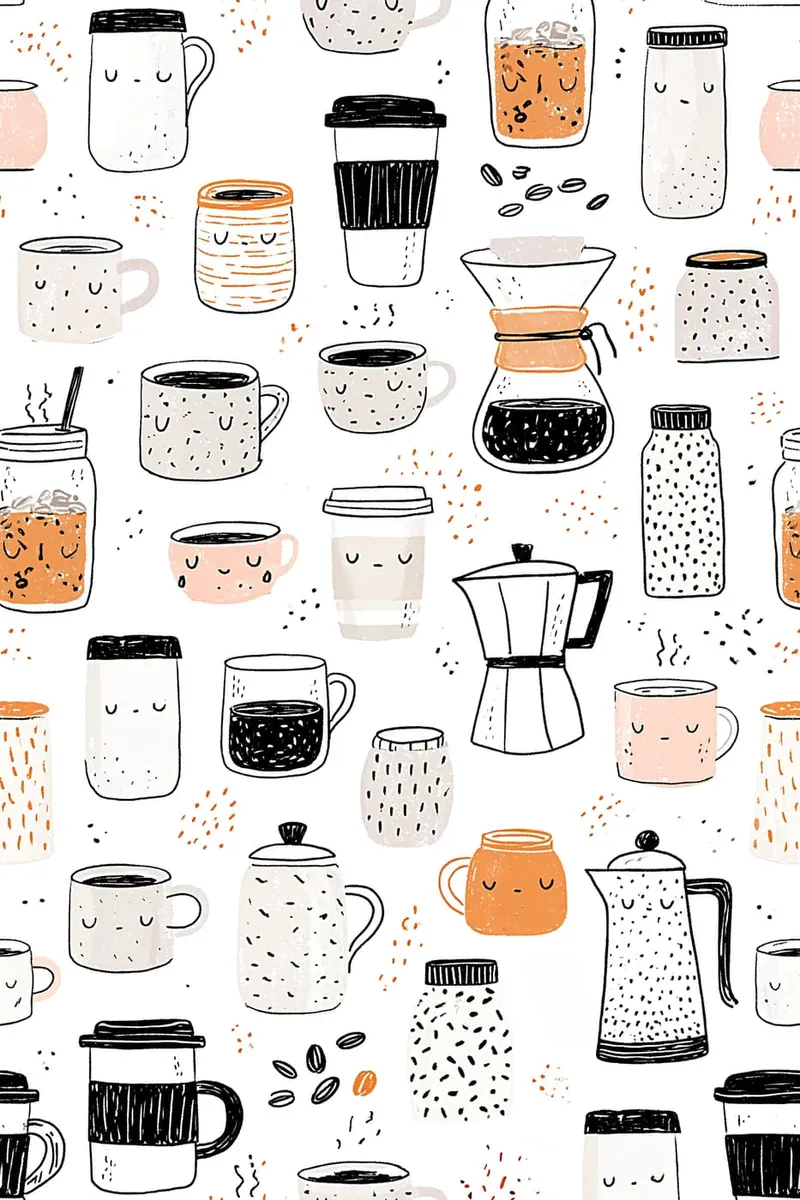 Nahtloses Muster mit niedlichen, illustrierten Kaffeetassen, Kannen und Kaffeebohnen im handgezeichneten Stil.