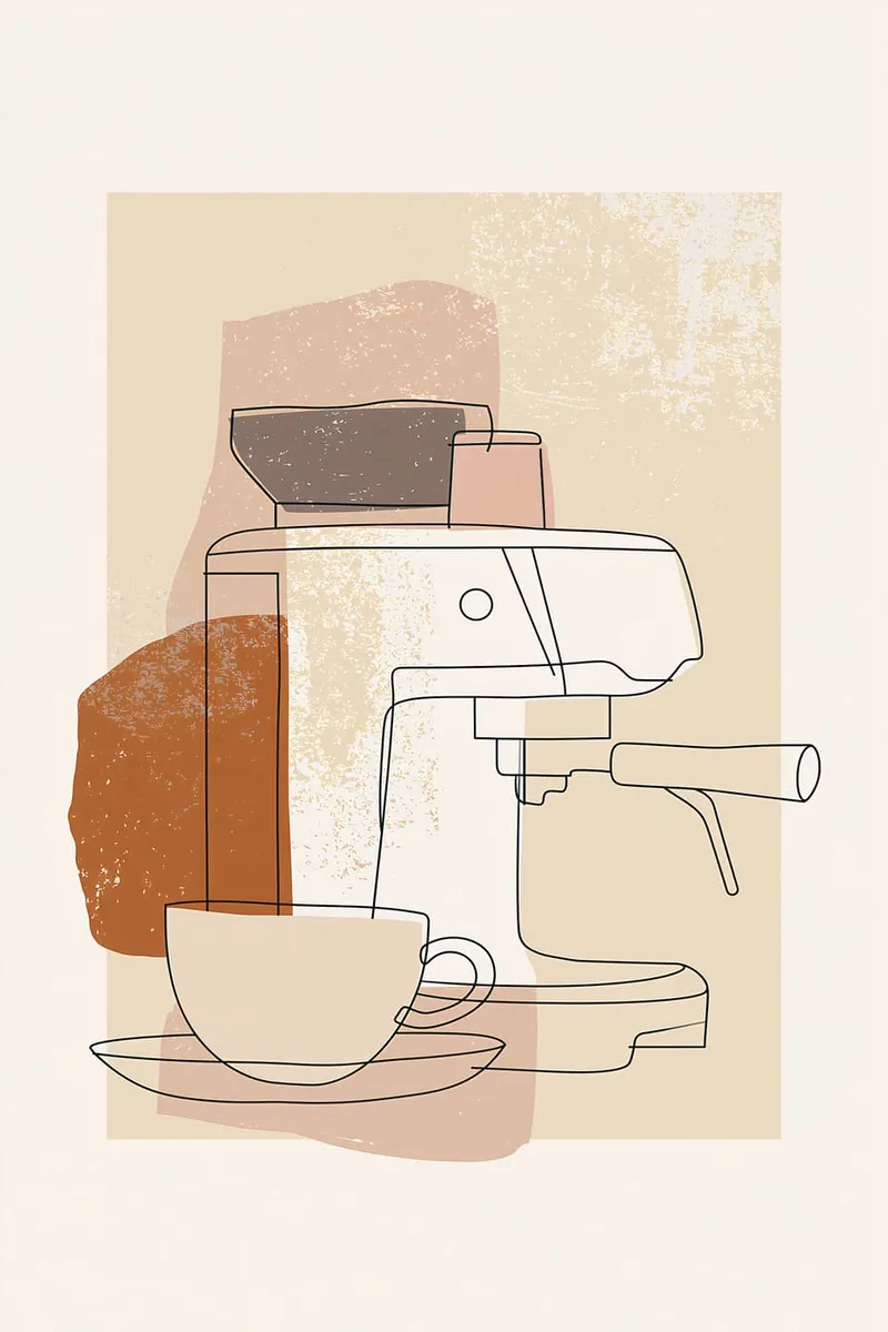 Eine Siebträgermaschine mit Tasse als Line-Art-Zeichnung auf abstrakten beige-braunen Formflächen im Boho-Stil.