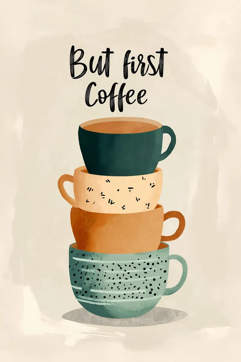 Stapel von vier Kaffeetassen in Erdtönen mit dem Spruch "But first Coffee" auf hellem, strukturiertem Hintergrund.