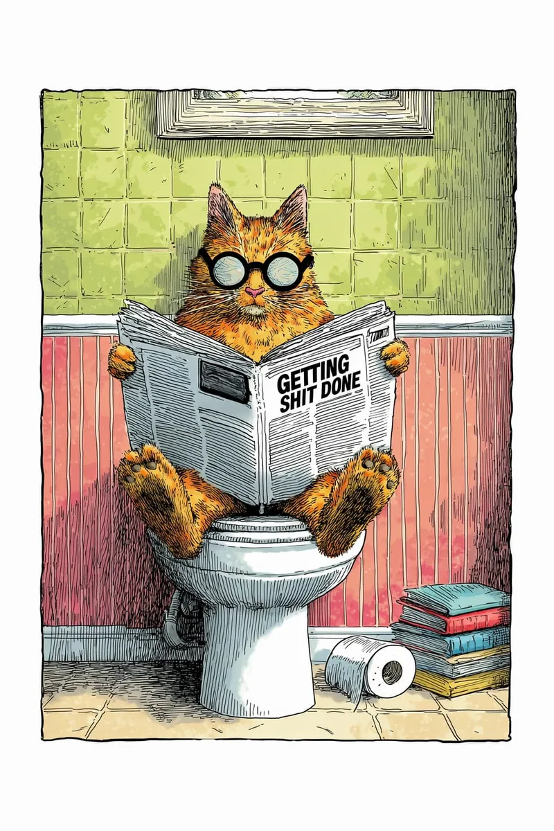 Orangefarbene Katze mit Brille sitzt auf der Toilette und liest eine Zeitung mit dem Titel 'Getting Shit Done' im Badezimmer.