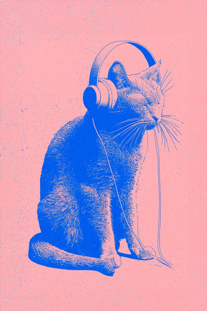 Eine sitzende Katze mit geschlossenen Augen trägt große Kopfhörer, im zweifarbigen Siebdruck-Stil auf rosa Hintergrund.