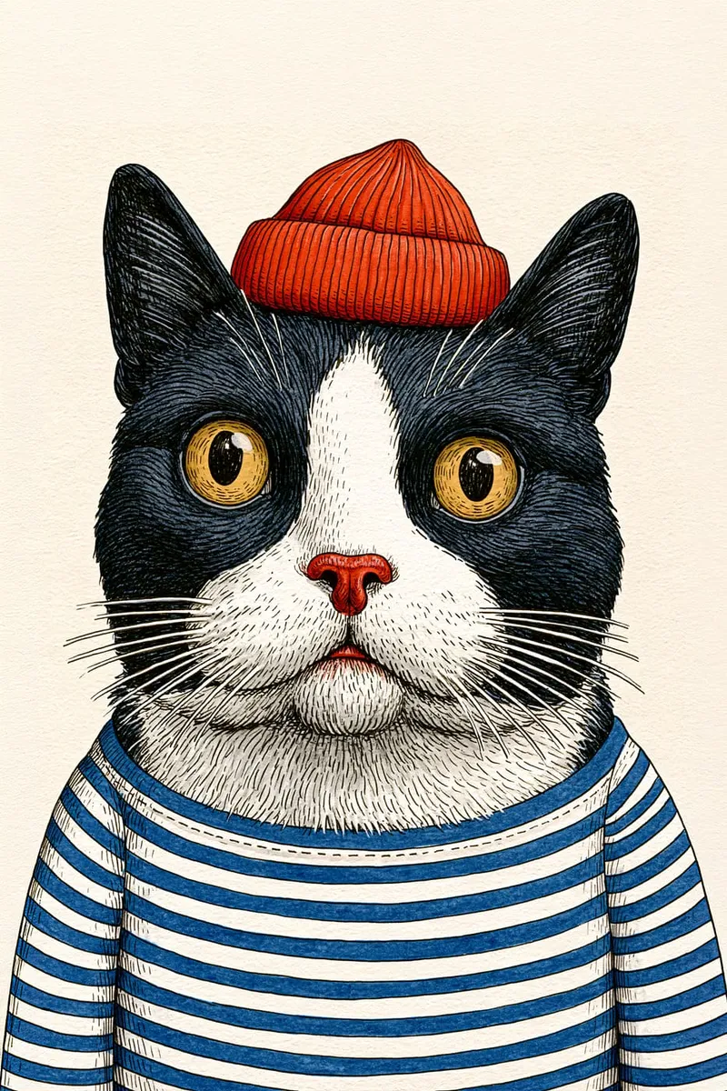 Porträt einer schwarz-weißen Katze mit roter Strickmütze und blau-weiß gestreiftem Shirt im illustrativen Stil.