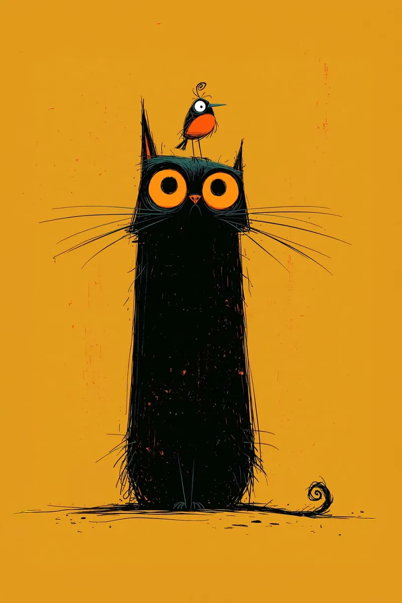 Schwarze Katze mit kleinem Vogel