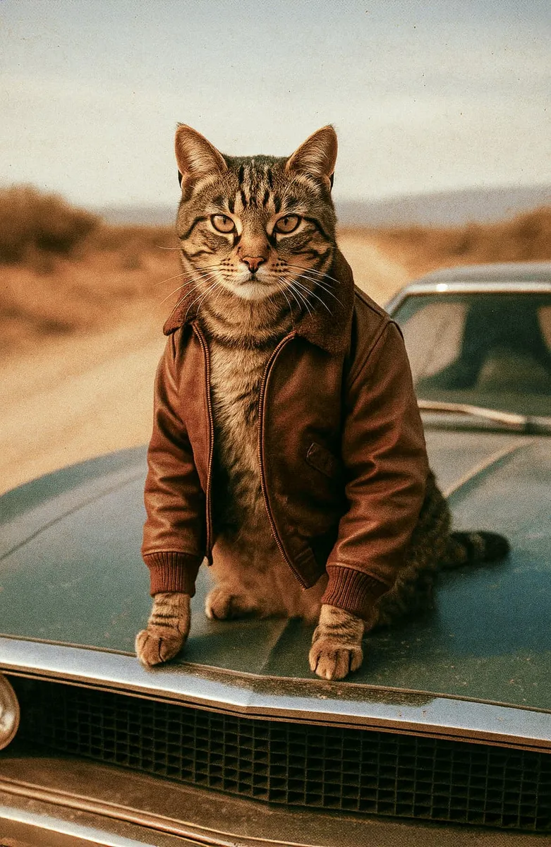 Eine getigerte Katze in brauner Lederjacke sitzt lässig auf der Motorhaube eines alten Autos in einer Wüstenlandschaft.