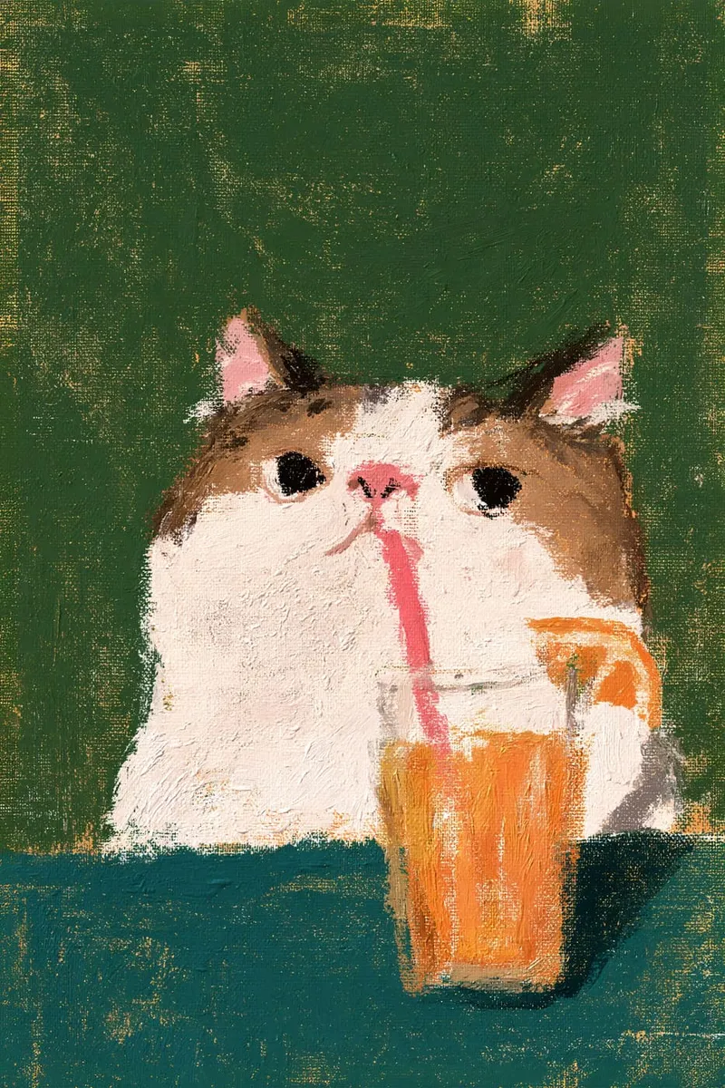 Flauschige Katze mit Orangensaft