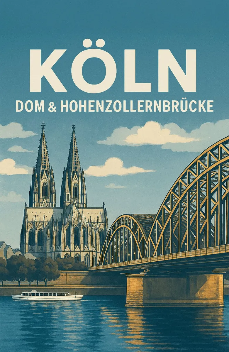 Illustration des Kölner Doms und der Hohenzollernbrücke über dem Rhein mit einem Schiff, im Stil eines Vintage-Reiseplakats.