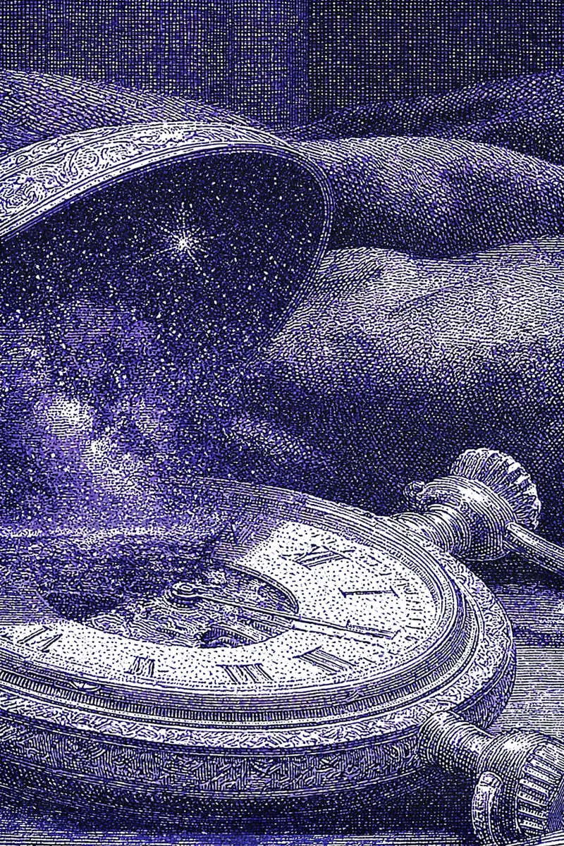 Eine offene Taschenuhr, deren Inneres einen Sternenhimmel im Gravur-Stil zeigt, in Lila und Weiß.