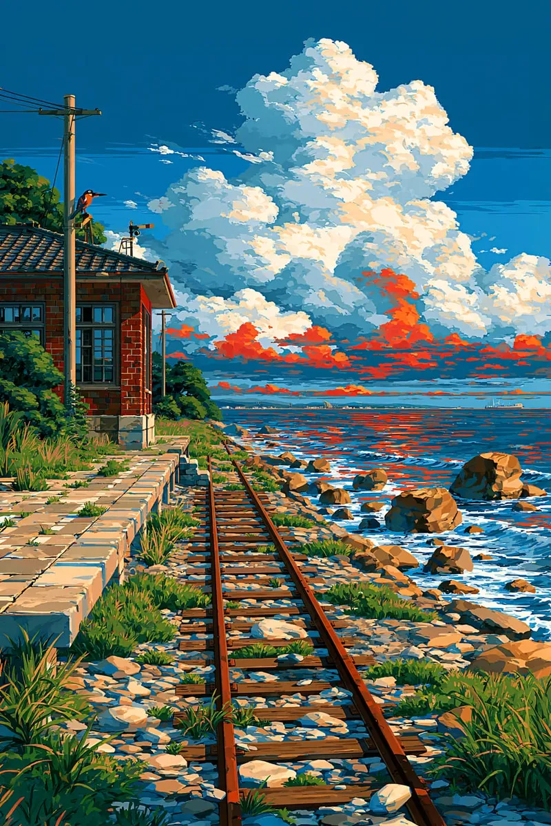 Ein Bahnhofsgebäude mit Bahnsteig und Gleisen direkt an einer felsigen Küste, das Meer spiegelt den roten Himmel wider, im Pixel-Art-Stil.