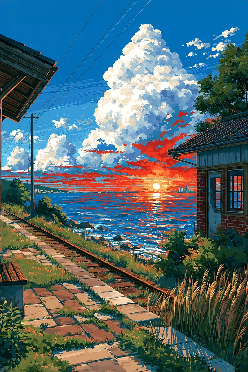 Ein Küstenbahnhof bei Sonnenuntergang mit Zuggleisen, einem Gebäude und dem Meer, im illustrativen Stil.